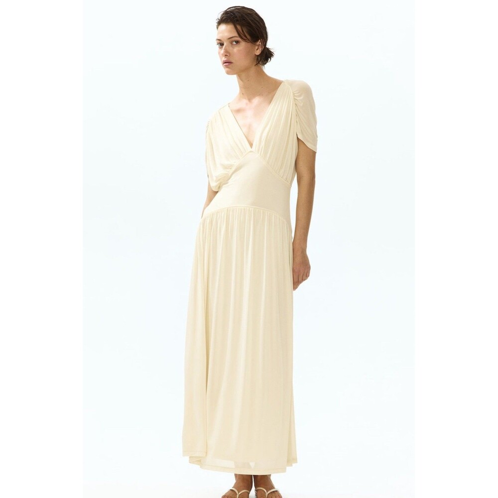 H&M Yelow  Pleated Sheer Chiffon V-Neck Short Sleeve Midi Dress Size XL